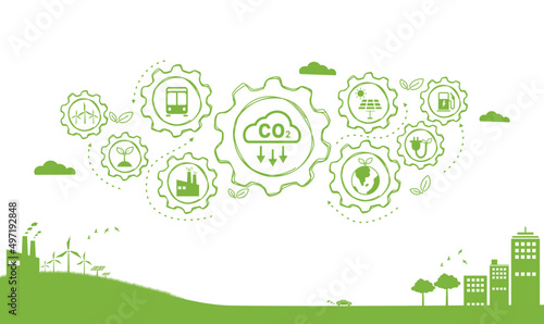 Reduce carbon dioxide emissions to limit global warming and climate change. Lower CO2 levels with sustainable development as renewable energy and electric vehicles - green city vector