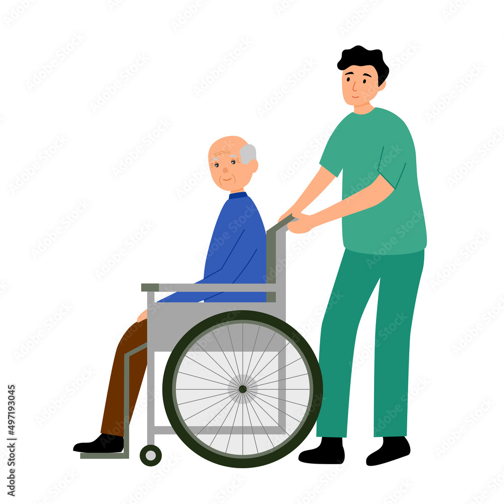 Male nurse pushing an old man patient in wheelchair vector illustration on white background. Male nurse pushing an old man patient in wheelchair vector illustration on white background.