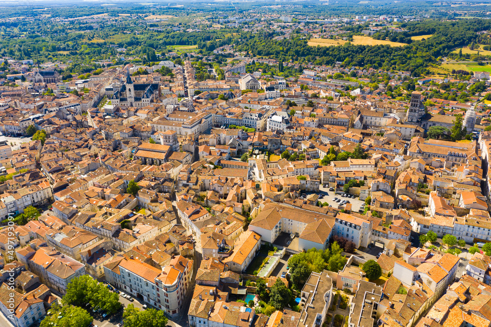 Flight over the city Angouleme on summer day. France