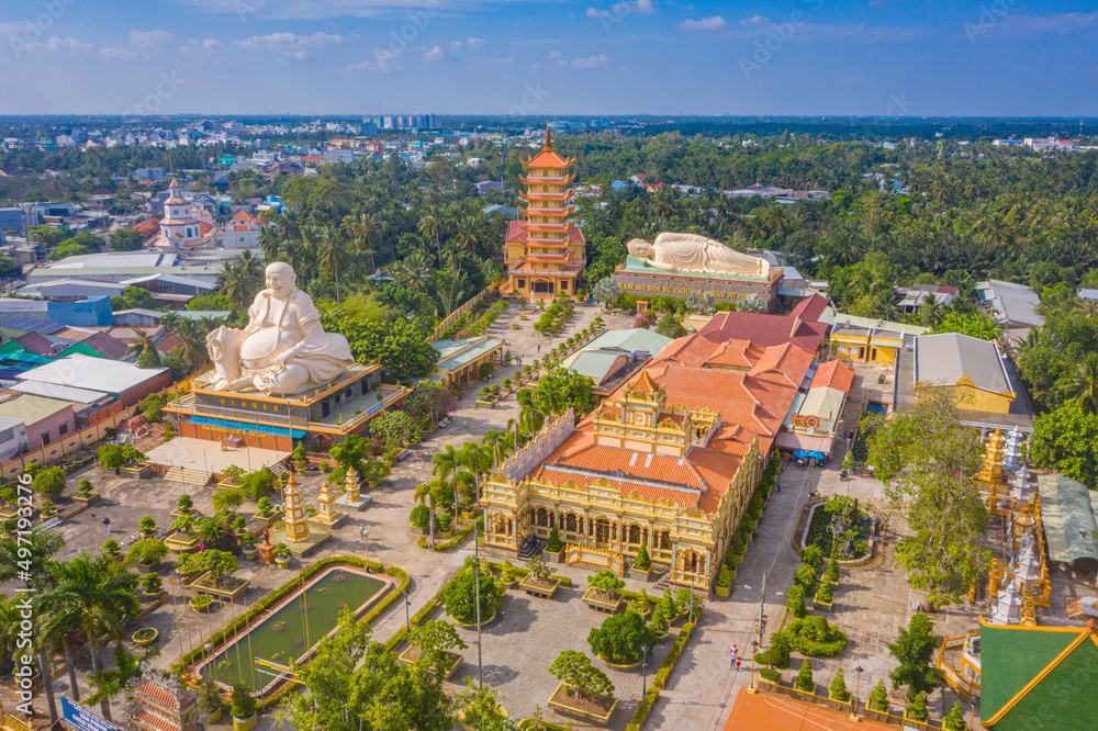 Aerial view of Vinh Trang pagoda. A historical - cultural monument that attracts visitors in My Tho, Tien Giang, Vietnam. Near Ben Tre. Mekong Delta