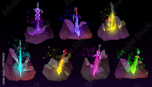 Set of sword in stone, Arthur king excalibur weapon stuck in rock. Game medieval. alchemy or magic steel blades with glowing sparks, camelot legend or myth design elements, Cartoon vector illustration