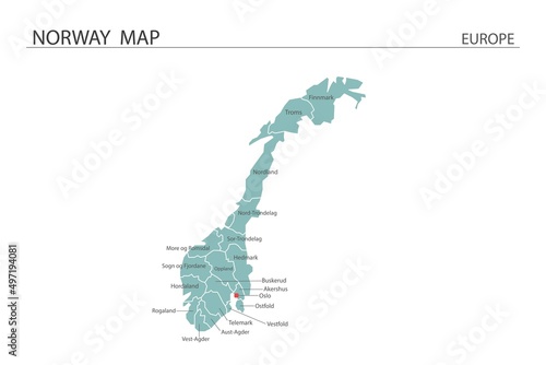 Norway map vector illustration on white background. Map have all province and mark the capital city of Norway.