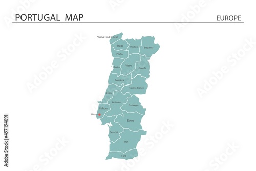 Portugal map vector illustration on white background. Map have all province and mark the capital city of Portugal.