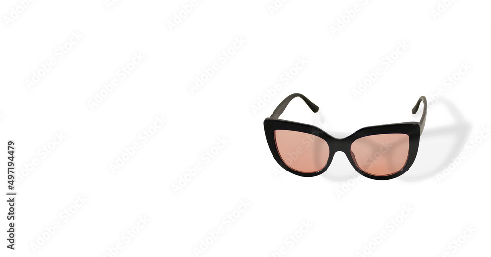 Fototapeta premium Sunglasses insulated on a white background. Colored lenses. Horizontal banner.