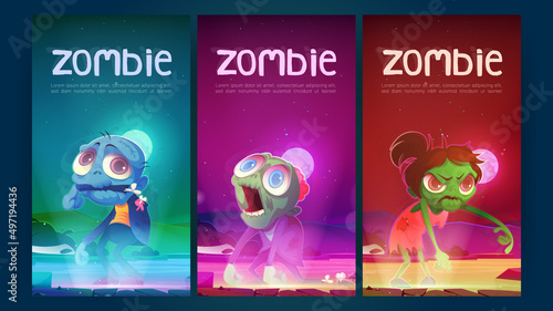 Zombie posters with creepy undead characters. Vector banners of scary monsters with cartoon illustration of night landscape with angry dead woman and men with dangling arms