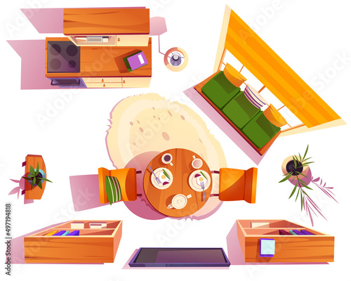 Set of living or dining room with kitchen furniture and stuff top view. Round table served with food, chairs and tv, wooden bookcases, floor lamps, oval rag and potted plants, Cartoon vector icons