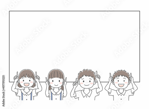 夏の制服を着て指差ししている男の子と女の子のイラスト素材