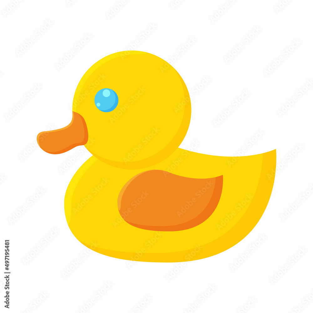 Yellow duck toy. Inflatable rubber duck. Vector illustration, flat design element, cartoon style, isolated on white background, side view. Yellow duck toy. Inflatable rubber duck. Vector illustration, flat design element, cartoon style, isolated on white background, side view.