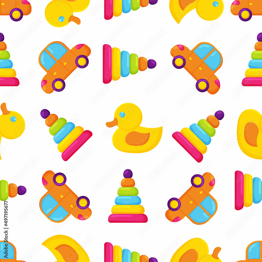 Toy cute orange car, pyramide and yellow duck seamless pattern. Vector illustration in cartoon style Toy cute orange car, pyramide and yellow duck seamless pattern. Vector illustration in cartoon style