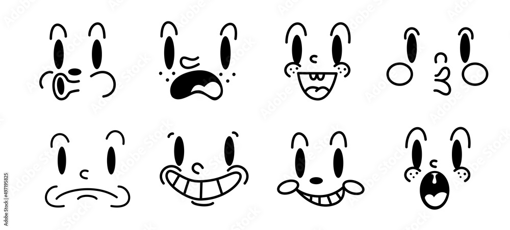 Retro 30s cartoon and comics characters faces. Traditional emotions vector elements. Vintage characters creator for trending illustration.