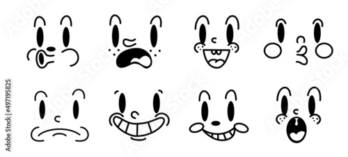 Retro 30s cartoon and comics characters faces. Traditional emotions vector elements. Vintage characters creator for trending illustration.
