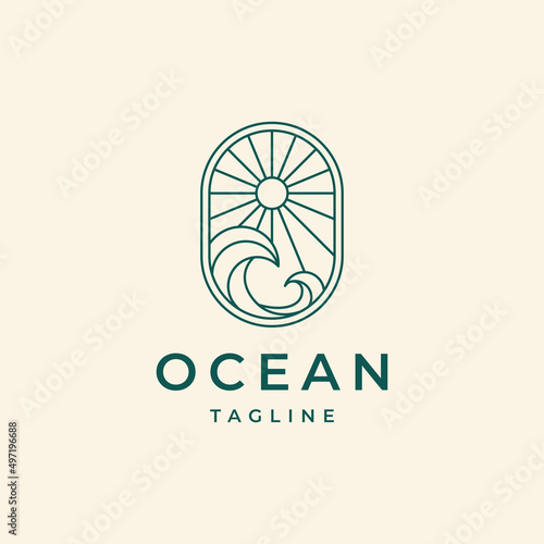 Ocean beach Sun Wave line outline Logo Design Template 