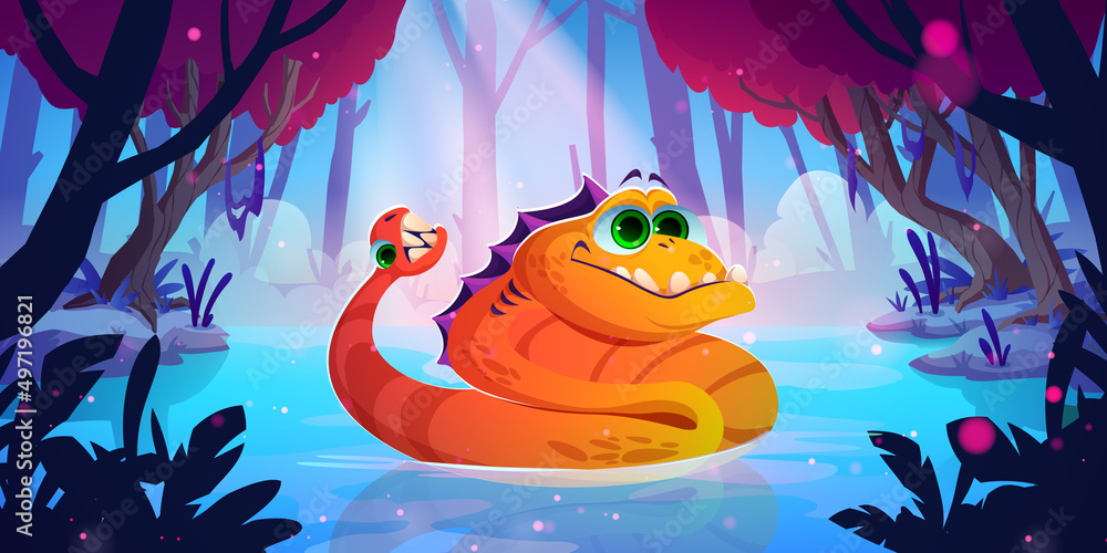 Cute dragon, funny orange monster in swamp. Vector cartoon fairy tale  illustration of jungle landscape and fantastic alien animal, magic creature  with teeth on tail Stock Vector | Adobe Stock
