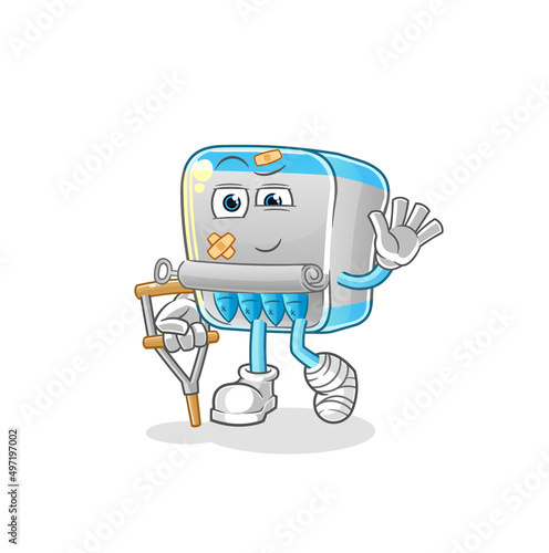 canned fish sick with limping stick. cartoon mascot vector