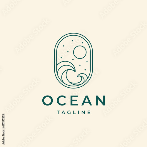 Ocean beach Sun Wave line outline Logo Design Template
