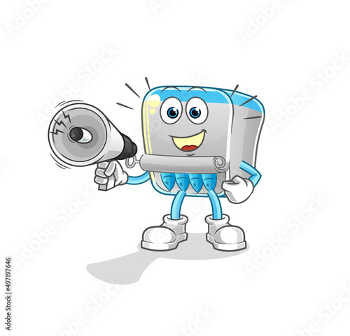 canned fish holding hand loudspeakers vector. cartoon character