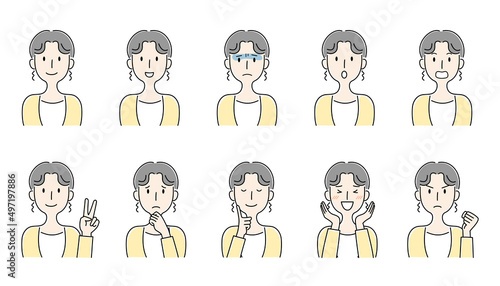 手描き風・いろいろな表情の女性のベクターイラストセット