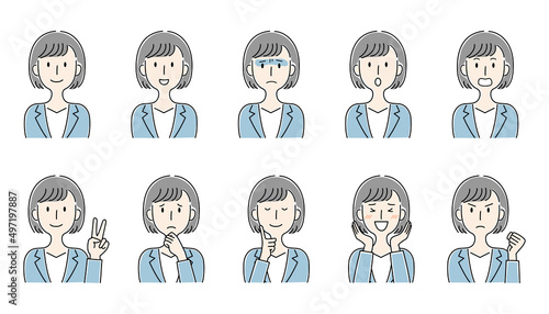 手描き風・いろいろな表情の女性のベクターイラストセット