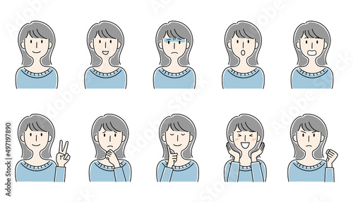 手描き風・いろいろな表情の女性のベクターイラストセット