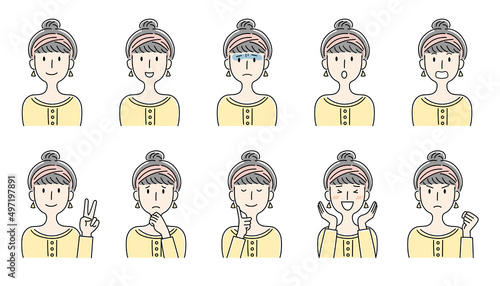 手描き風・いろいろな表情の女性のベクターイラストセット