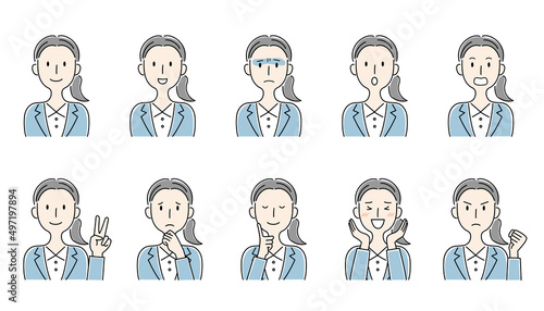 手描き風・いろいろな表情の女性のベクターイラストセット