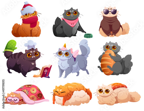 Set of funny cats cartoon characters, adorable home pets. Cute kittens playing, sleeping, cooking, wear trendy clothes. Feline lifestyle, petcare, adoption and love to animals Vector illustration