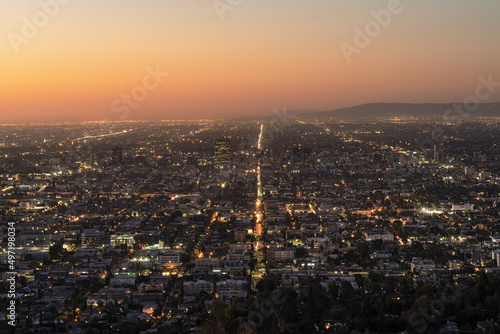 View looking south of the City of Los Angeles from Griffith Park shown at dawn.