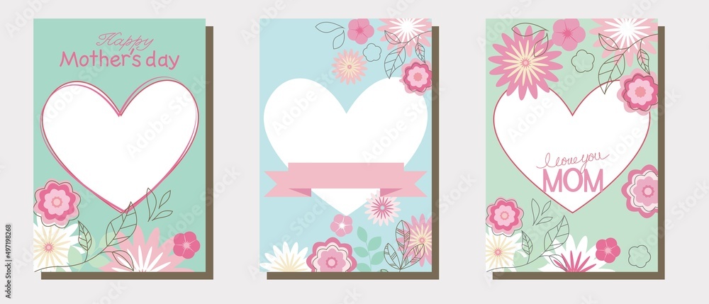 Set of Mother's day illustration template, Happy Mother's day frame collection decoration with floral pattern and Heart f. Cover illustration. Template, frame and design elements. Vector illustration.