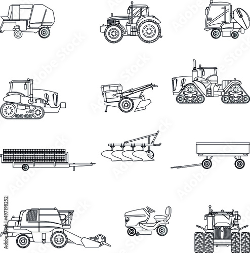 Agricultural vehicles outline flat vector icon collection set
