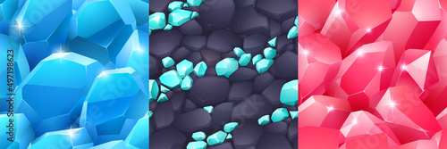 Magic crystals textures, seamless backgrounds for game. Red and blue gem stones, jewel rock minerals. Natural gemstones, fantasy treasure, assets, jewelry and geology elements, Cartoon vector set