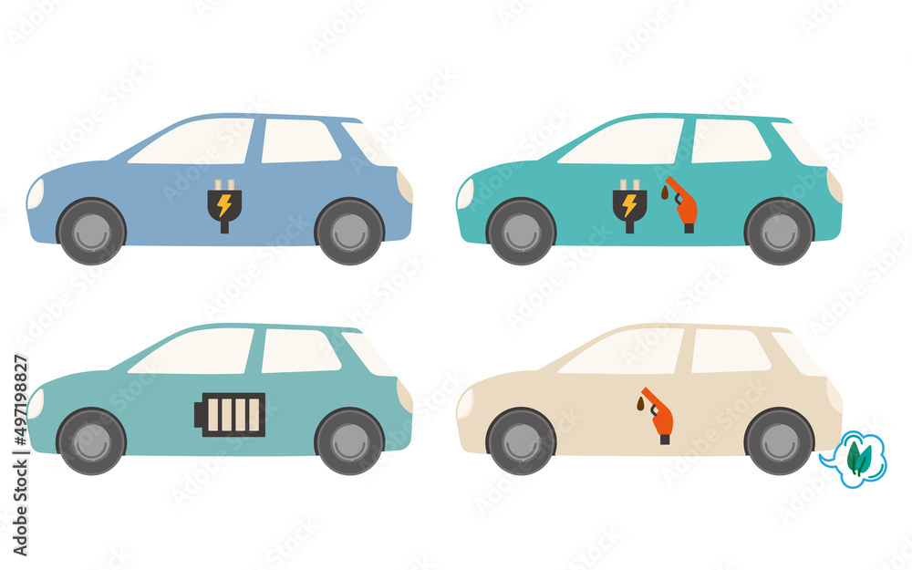 Eco-car vector illustration set. Electric vehicles, plug-in hybrid vehicles, fuel cell vehicles, clean diesel vehicles.