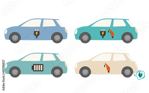 Eco-car vector illustration set. Electric vehicles, plug-in hybrid vehicles, fuel cell vehicles, clean diesel vehicles.