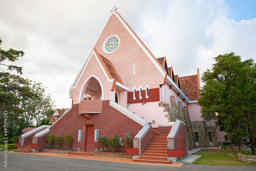 Mai Anh Domaine De Marie Church diocese on blue sky background, on sunny day with right view, located in Da Lat, Lam Dong province, Vietnam Mai Anh Domaine De Marie Church diocese on blue sky background, on sunny day with right view, located in Da Lat, Lam Dong province, Vietnam