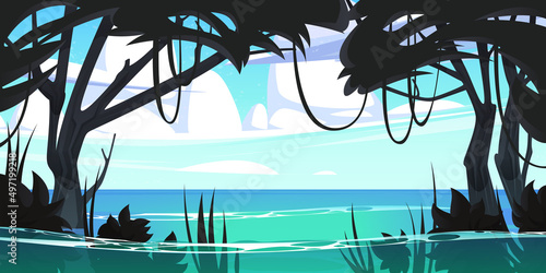 Tropical landscape of jungle on sea beach. Vector cartoon illustration of summer exotic island with ocean shore and silhouettes of rainforest trees and grass in water