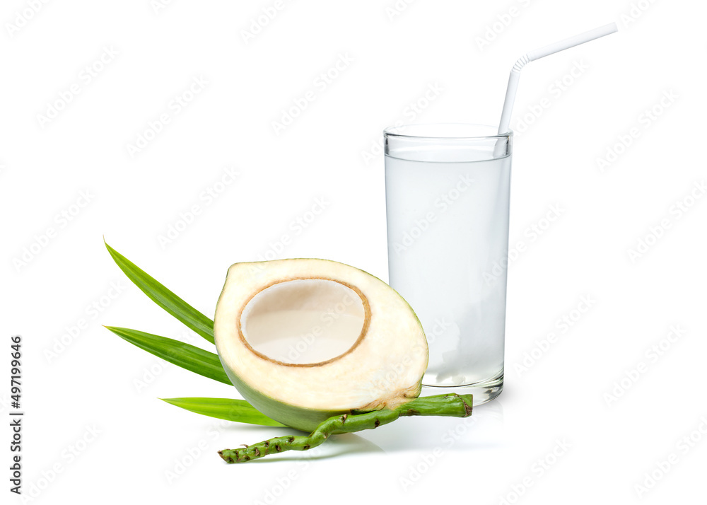 Coconut juice in half sliced of fresh young coco nut fruit and glass of coconut water isolated on white background. Coconut juice in half sliced of fresh young coco nut fruit and glass of coconut water isolated on white background.
