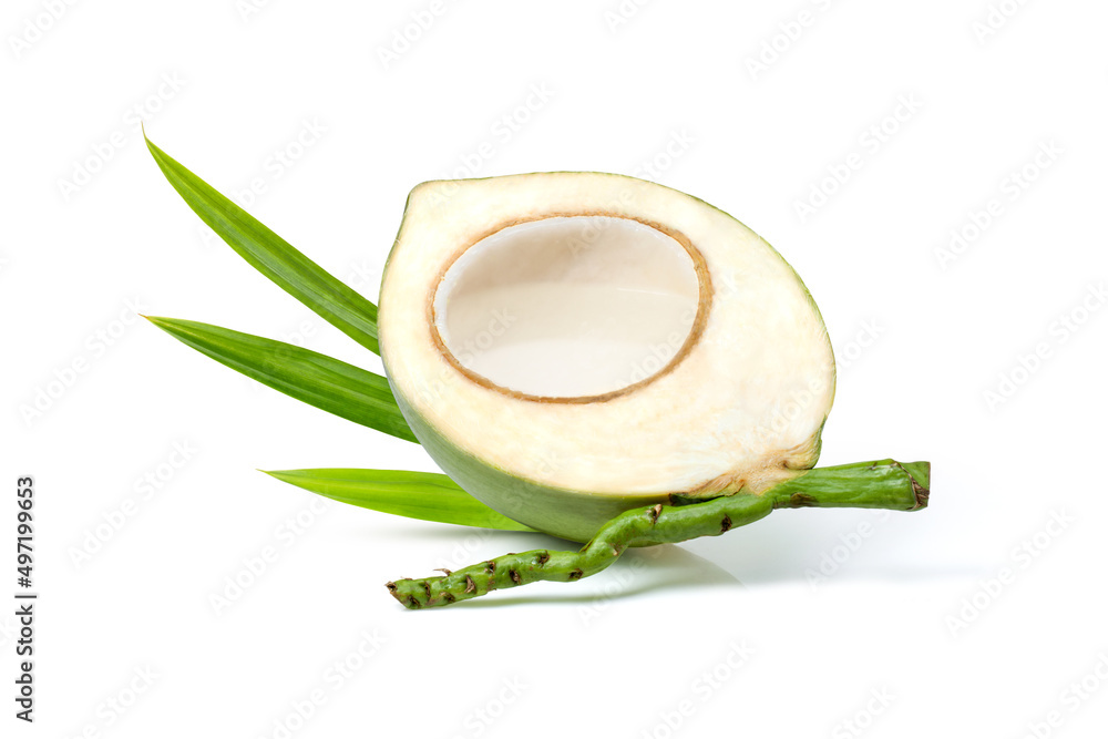 Coconut juice (coconut water) in half sliced of fresh young coco nut