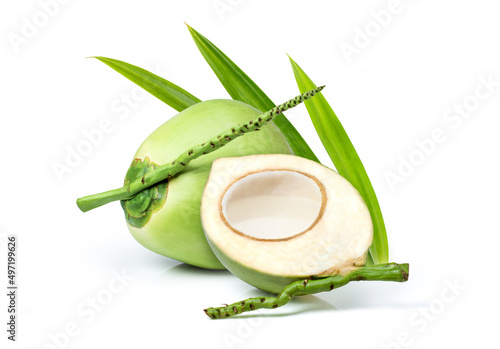 Green coconut with coco nut water splash isolated on white background.	 photo