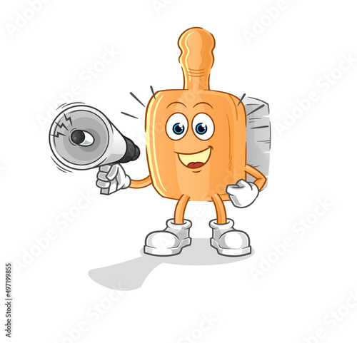 wooden brush holding hand loudspeakers vector. cartoon character