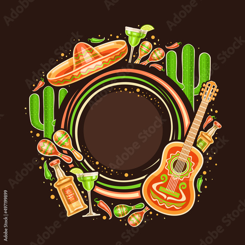Vector frame for Cinco de Mayo with copyspace for text, decorative circle price tag with illustration of mexican musical instruments, red and green hot peppers, traditional alcohol for cinco de mayo