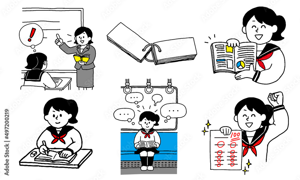 授業を受け勉強しテストで高得点を採るセーラー服姿の女子学生イラストセット Stock Vector Adobe Stock
