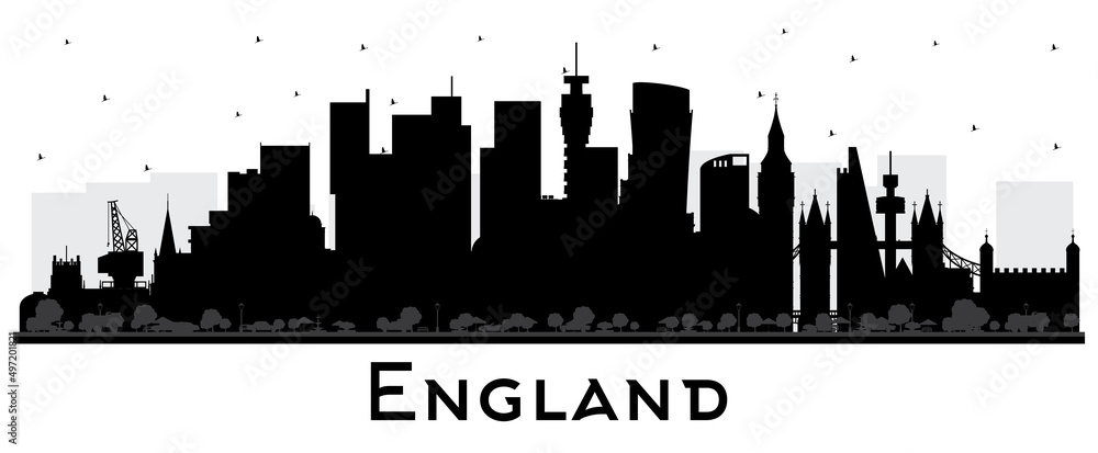 England City Skyline Silhouette with Black Buildings Isolated on White.