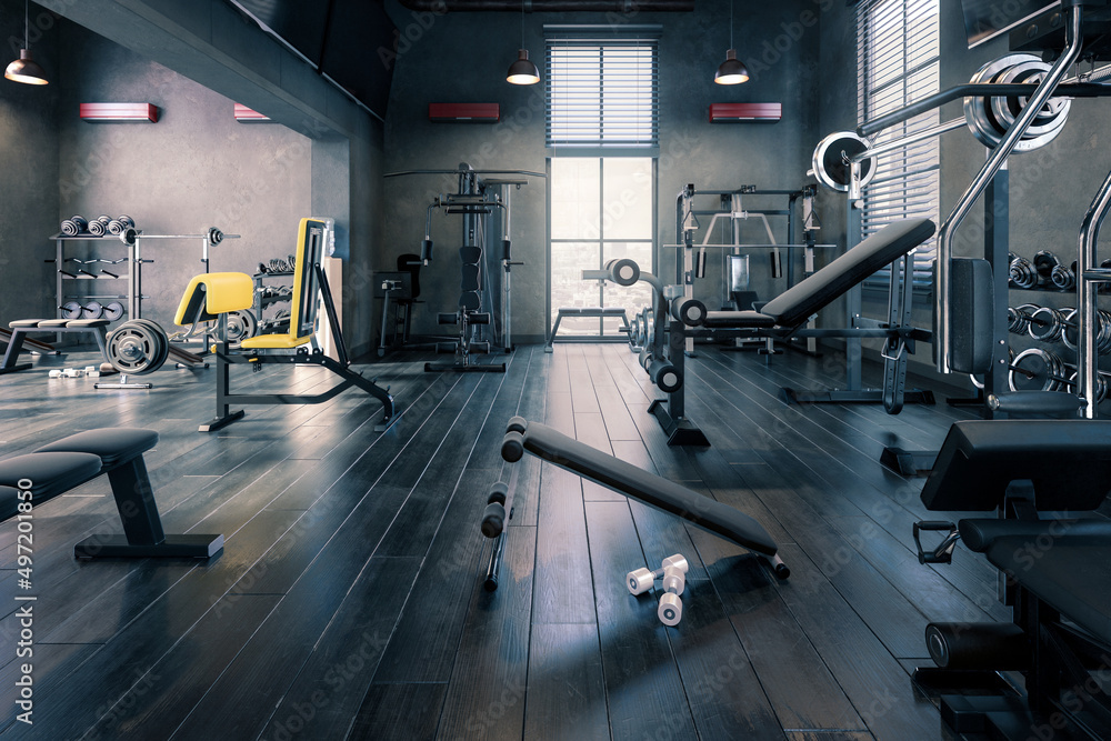 Fototapeta premium Body Building Gym Integrated Inside a Fitness Area - 3D Visualization