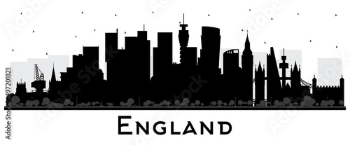 England City Skyline Silhouette with Black Buildings Isolated on White.