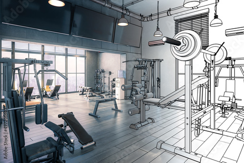Body Building Center With Exercise Machines Integrated Inside a Penthouse Recreation Area (draft) - 3D Visualization