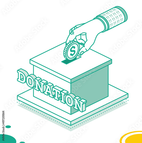 Hand Putting Money in Donation Box. Isometric Charity Concept with Dollar Coin.