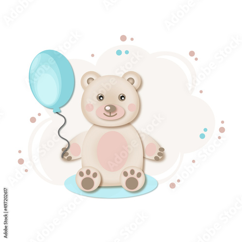 teddy bear with blue balloon. baby shower card