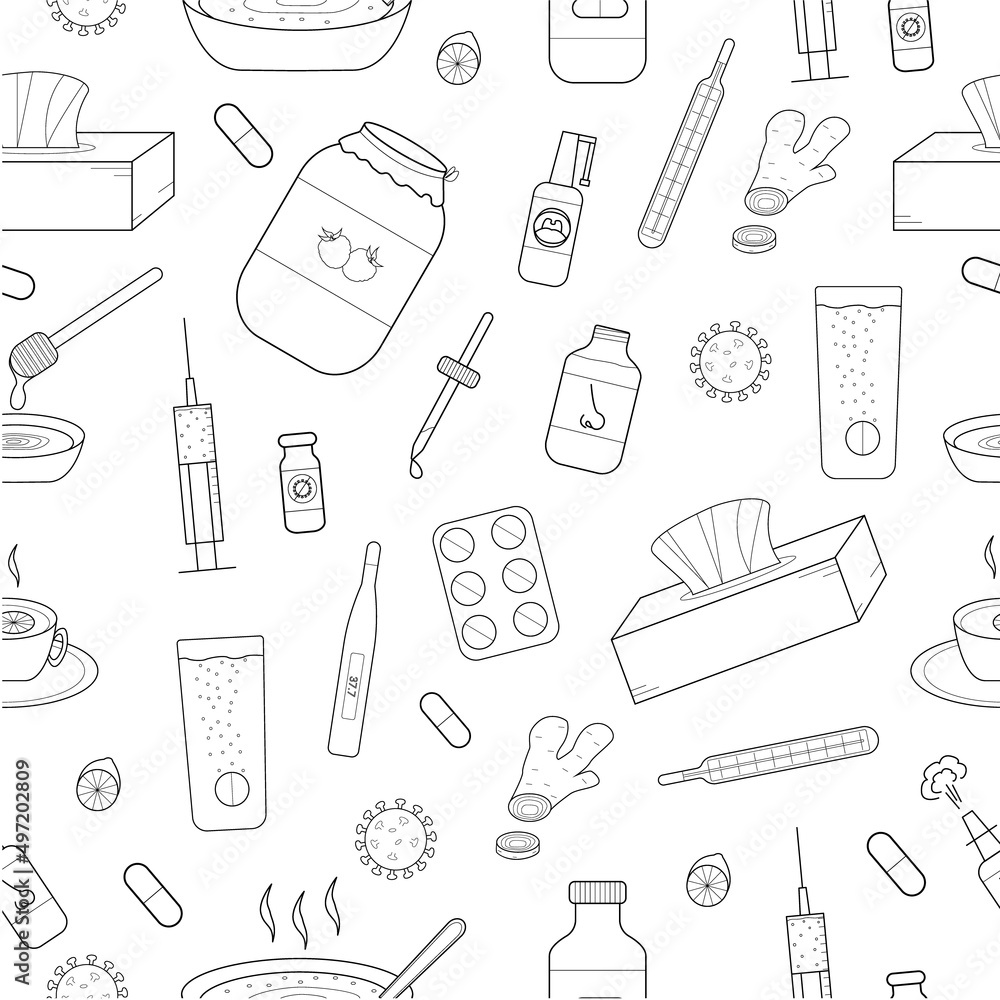 Hand drawn seamless pattern with the image of remedies that help during colds, flu. Doodle style. Vector. Hand drawn seamless pattern with the image of remedies that help during colds, flu. Doodle style. Vector.