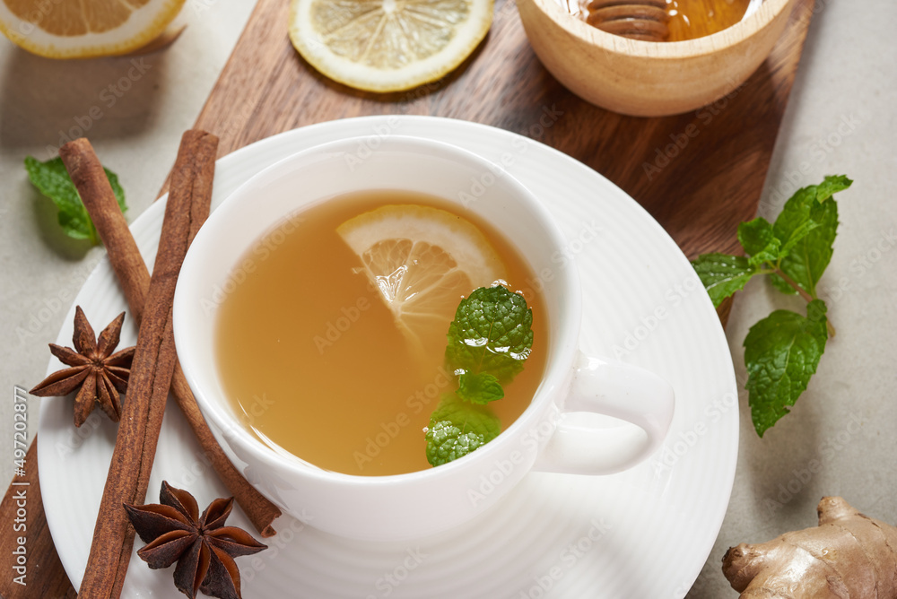 Ginger tea and ingredients - lemon, cinnamon, honey, Ginger tea and ingredients - lemon, cinnamon, honey,
