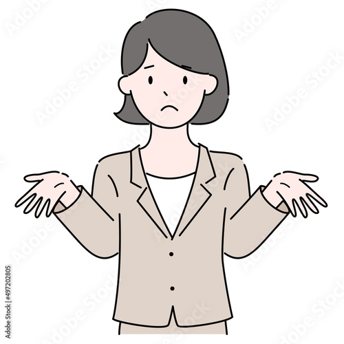 両腕をひろげて困った顔をした若い女性コンサルタントあるいはビジネスウーマンのイラスト素材
