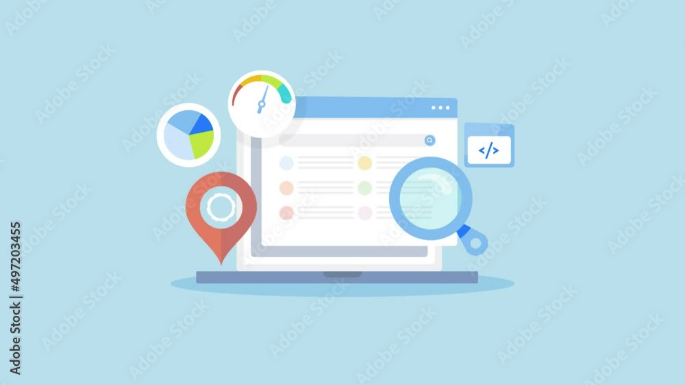 Website SEO, web traffic analysis, search optimization, web development, digital networking concept. 2d animation 4k video clip.